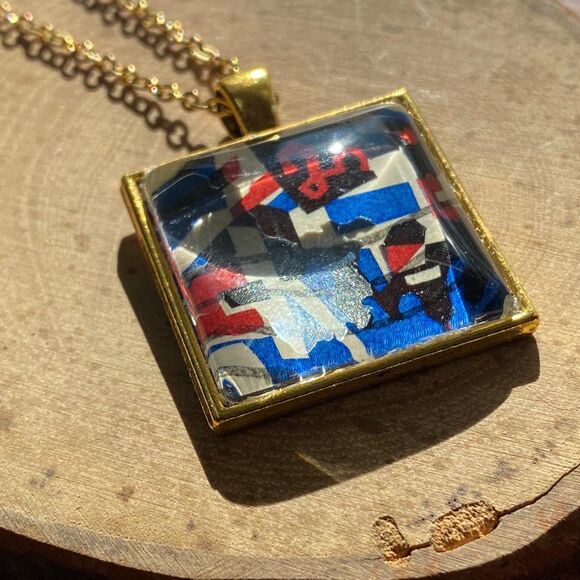 Square Red White and Blue Vintage US Postal Stamp Pendant Necklace 24" Chain - Picture 6 of 6